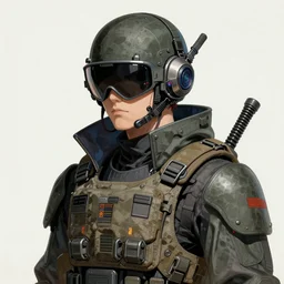 cyberpunk Japanese mercenary wearing a cyberpunk headset and military gear. In style of moebius.