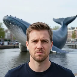 closeup portrait of a not amused man with a background massive whale in an amsterdam canal, photograph, natural light, sharp, detailed face, magazine, press, photo, steve mccurry, david lazar, canon, nikon, focus