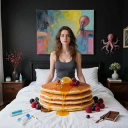 a portrait in a female art student's bedroom, black walls, a woman sitting on a bed made of pancakes, honey dripping, berries dripping, chocolate, surgical supplies, ikebana, octopus, neo - expressionism, surrealism, acrylic and spray paint and oilstick on canvas