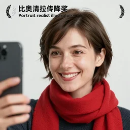 a smiling women taking a zoomed out selfie, hyper realistic photography, highly detailed, sharp focus, good vibes, realistic, highly detailed attribute, award winning, art by portrait realistic illustrators, wearing a red scarf, short hair