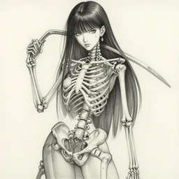 very detailed drawing of a skeletal hunteress, very detailed character drawing, ruan jia, yoji shinkawa, yoshitaka amano, award - winning art
