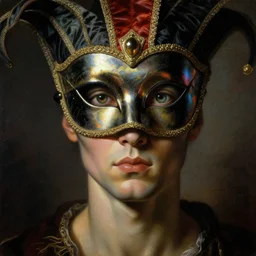 a baroque neoclassicist close - up portrait of an alien man gazing intensely with big glowing eyes wearing an iridescent uv blacklight retrofuturistic venetian carnival mask and reflective silk at a masquerade. head, face and shoulders, foggy background. renaissance portrait painting. highly detailed science fiction painting by norman rockwell, frank frazetta, and syd mead. rich colors, high contrast, gloomy atmosphere, dark background. trending on artstation