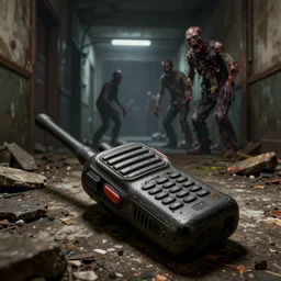 a walkie - talkie lies on the ground in rubble, macro perspective of the walkie - talkie, intricate details, dark interior of an old corridor, horrible angry zombies in the background, 8 k hyperdetailed, unreal engine, octane render, style of gta v artworks