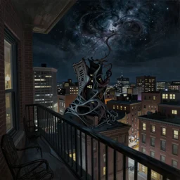 horrifying full color photorealistic painting of the view of a warped downtown 1 9 2 5 boston at night with a cosmic sky viewed from a hotel balcony, dark, atmospheric, brooding, smooth, finely detailed, cinematic, epic, in the style of lee gibbons
