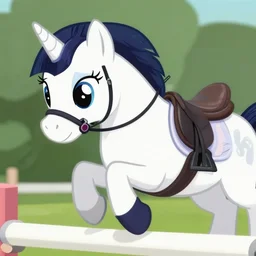 close up ground level shot, a rider on a hybrid ( my little pony ) horse, horse jumping a over a hurdle, a horse that's ( my little pony ), professional, high quality, dof, bokeh, action