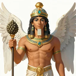 Portrait of enki sumerian god, holding a strobilus in his left hand and wings. illustration, by James Jean, artgerm, octane render, by John Coltrane and Marc Simonetti, Manic, inspired by Greg rutkowski, colorful, high detail of the face, full body