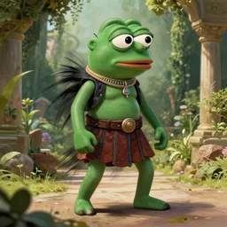 pepe meme, dynamic brush strokes, linear gamma, dynamic, natural light, costume design made by pepe, sophisticated composition, old masters light composition, procedural, epic pepe posing conceptart, beautiful ancient pepe garden behind, substancedesigner, pbr, ultra detailed, hyperrealistic, megascans, volumetric light, concept master, painttoolsai, final, gain