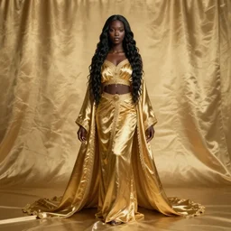 aesthetic!!!!!! Female genie in Arabic clothing, black skin, long black hair, gold tint, frontal pose,  silk, fabric, full-length view, XF IQ4, f/1.4, ISO 200, 1/160s, 8K, RAW, unedited, symmetrical balance, in-frame, depth of field, vibrant.