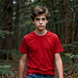portrait, teenager, brown hair, thin eyebrows, eyes, red shirt, red shirt, red shirt, blue jeans, walking in forest, detailed face, realistic photo.