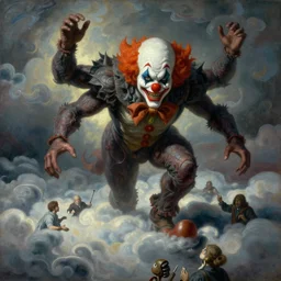 art masterpice, comical clown faced cthulu descending from the clouds, intricate, beautiful cinematic lighting, stunning painting by artgerm, caravaggio, android jones, wadim kashin