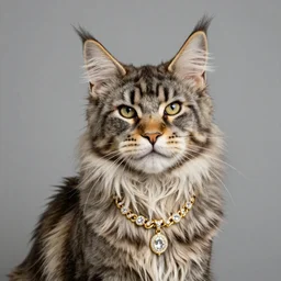 A Maine Coon Cat wearing a golden necklace with diamonds
