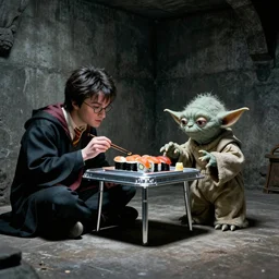 Harry potter film, a scene where Harry Potter and Master Yoda are eating in a Concrete wall basement, Sushi is placed on a small aluminum table placed in the center, Dark cinematic color tones.