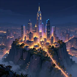 a fantastic city on top of the mountain, night setting, digital art trending on art station