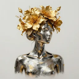 upper body silhouette of a woman made out of metal and gold with flowers on her head. artwork. surreal. modern art.