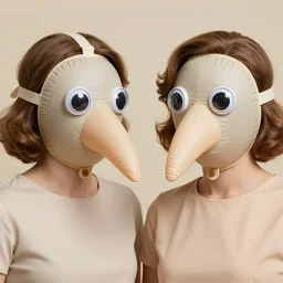 1969 twin women on tv show wearing an inflatable mask long prosthetic snout nose with googly eyes, soft color wearing a swimsuit at the beach 1969 color film 16mm holding a hand puppet Fellini John Waters Russ Meyer Doris Wishman old photo