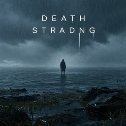 death stranding, mysterious being in distance over the water, raining, award winning art, detailed landscape