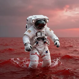 an astronaut emerging from an ocean of red water, otherwordly sky, cinematic, 35mm, photography, High definition, 8k, detailed, deprh of field, photorealistic, epic atmosphere