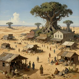 renaissance painting of a dystopian desert marketplace, old american midwest, ruins, encroaching sands, giant twisted trees growing around the buildings, by ruan jia, by conrad roset, by yoshitaka amano, cgsociety, artstation, portfolio quality.