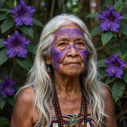 a beautiful portrait of a benevolent and noble indigenous old woman healer with white long hair in the amazon jungle surrounded by purple flowers of brunfelsia grandiflora, purple face paintings, matte painting, by christophe vacher