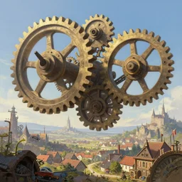 giant gears cogs floating in the sky, clockwork, giant mechanisms, industry, villages castles, buildings vista artstation illustration sharp focus sunlit vista painted by ruan jia raymond swanland lawrence alma tadema zdzislaw beksinski norman rockwell tom lovell alex malveda greg staples