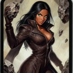 portrait of alluring geomancer, face details, dark brown unzipped coat, derriere, rock powers, black hair, green eyes, brown skin, high fantasy, extremely detailed, smooth, sharp focus, illustration, by rossdraws, frank franzzeta, artgerm, collectable card art