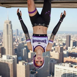 Widowmaker from overwatch hanging upside down over a city wearing a crop top