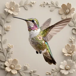hummingbird, feathers covered with floral ornaments, eye - level medium - angle shot, intricate, floral background, by esao andrews, by m. w. kaluta, by yoshita amano, intricate, natural lighting, smooth, 3 d octane render, depth perception, 4 k,, artstation