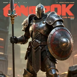 a large cyberpunk western style paladin in rounded heavy plate armor with large shoulder pads and a spartan helmet and a very large circle shield he is holding a large spear in a cyberpunk setting, dnd magazine cover, style by vincent di fate, artgerm, cyberpunk 2 0 7 7, very coherent, detailed, 8 k resolution, unreal engine, daz