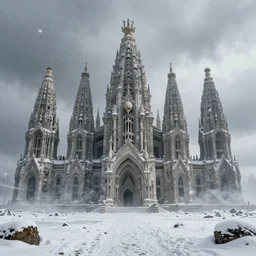 matte painting of empty uninhabited mos eisley in deep snow with towering skeletal temple architecture designed by hr giger, uninhabited, snowstorm, global illumination, cinematic, volumetric lighting, tom bagshaw, alphonse mucha, light leaks 4 k premiere pro