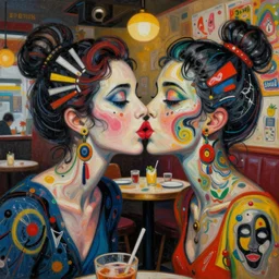 beautiful painting of two bizarre psychedelic women kissing each other closeup in a cafe in japan, speculative evolution, mixed media collage by basquiat and jackson pollock, magazine collage art, sapphic art, lesbian art