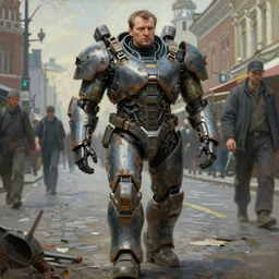 boris yeltsin walking on the moscow street in futuristic mechanic armor by chris warner, sci fi movie, rusty shapes, hard surface, tim hildebrandt, wayne barlow, bruce pennington, oil on canvas, deep depth field, masterpiece, trending on artstation, featured on pixiv, cinematic composition, hyper - detailed, hd, hdr, 4 k, 8 k