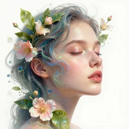dreaming face, swirling liquids, flowers nad leaves, digital art portrait