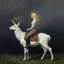 Painting of Elle Fanning riding a white deer through the void, by Edward Hopper. 8K. Extremely detailed.