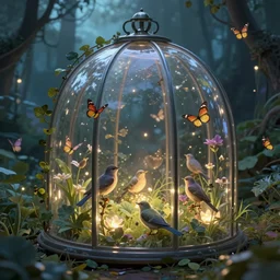 secret garden, glass cover, birds and butterflies, fairy tale, evening lights, highly detailed, low angle view, artstation, mysterious, comfort, in the style of aetherpunk