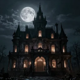a haunted mansion lit by the light from the full moon, symmetrical, dark, evil, demonic, angelic, environment concept, trending on artstation, cgsociety, moody lighting, cinematic lighting, intricate details, hyperealistic, photo realism, cinematic lighting