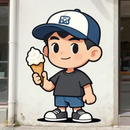 a street artist cartoon drawing of a boy in a baseball cap holding an ice cream cone