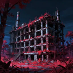 a beautiful detailed rendering of architecture building industrial architecture nature unfinished building sanatorium by winslow homer, vice city reclaimed by nature anime tron tokyo infrared neon noir hyperrealism forest nightvision apocalyptic cgsociety elysian, archdaily, wallpaper, highly detailed, trending on artstation.