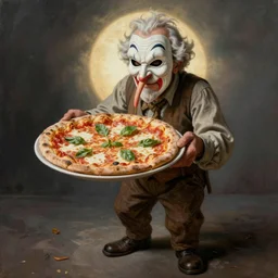 wrinkled! old man with long nose wearing pulcinella mask, with a pizza! margherita di napoli, menacing appearance, dramatic backlight, full body, wide angle, ultrafine detailed painting by joe fenton, trending on deviantart, masterpiece, very coherent