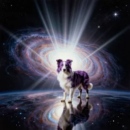 a lilac border collie in the middle of the universe. reflection and dispersion materials. rays and dispersion of light. volumetric light. f / 3 2. noise film photo. flash photography. ultra realistic, 5 0 mm. poster by wayne barlowe, hajime sorayama aaron horkey, craig mullins