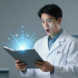 the scientist is holding a folder of documents and looks wonderfully, he is in shock, the folder glows and lights up his face, professional lighting, concept art