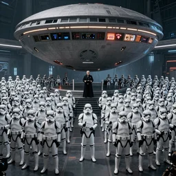 a huge crowd of imperial stormtroopers in combat gear stands at attention beneath the reviewing stand at the death star, listening to a speech by the emperor, 8 k, unreal 5, octane render, majestic, superb, orderly, cinematic, atmospheric, dramatic, hyperrealism, cgi art, volumetric lighting, photoshopped, intricate digital art