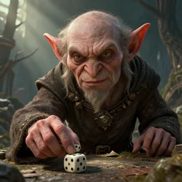 highly detailed closeup portrait of a medieval goblin rolling dice, stephen bliss, unreal engine, greg rutkowski, ilya kuvshinov, ross draws, hyung tae and frank frazetta, tom bagshaw, tom whalen, nicoletta ceccoli, mark ryden, earl norem, global illumination, god rays, detailed and intricate environment
