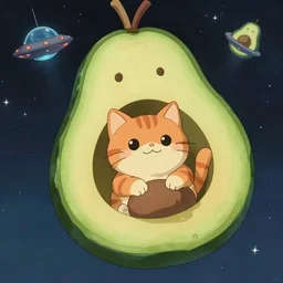 a cute orange tabby cat inside of a avocado themed UFO flying through space studio ghibli art style