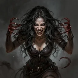 malicious woman, long messy hair, claws, sharp teeth, angry, evil, dangerous, long shot, highly detailed, digital painting, artstation, concept art, sharp focus, illustration, 1 2 3 4, art mark brooks and luis royo