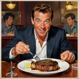 beautiful lifelike painting of gene kelly demanding a refund on undercooked overpriced dinosaur steak in downtown dive bar bistro, hyperreal detailed facial features and uv lighting, art by ed roth, ryu noguchi and basil wolverton