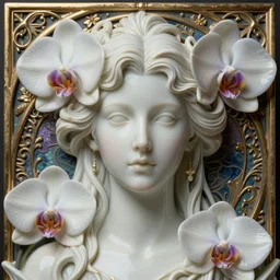 face portrait of nathan fillon, artwork by james jean, chiara bautista, hyperdetailed realistic smooth polished porcelain, beautiful orchid goddess, jean delville, art nouveau orchids, james jean, ornate metal gothic icon heavy patina, joy, delicate, ultrasharp hyperdetailed photorealistic octane render, enchanting, otherworldly, whimsical, ethereal, mythology, magical