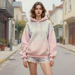 gorgeous young woman in the style of martine johanna, wearing a hoodie, standing in a township street, street fashion outfit,!! haute couture!!, full figure painting by martine johanna, artgerm, ilya kuvshinov, david choe, pastel color palette, sharp focus, detailed, intricate, elegant, 2 4 mm lens