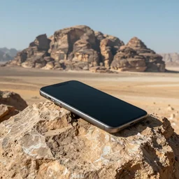 An iPhone on a rock in Mitzpe Ramon under the sky