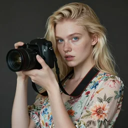 pale beautiful young woman with bright blonde hair, freckles, blue eyes and a wide face, flowery dress, using a dslr camera, dramatic, art by anna nikonova