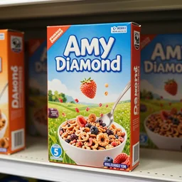 colorful box of breakfast cereal featuring amy diamond on its cover, found in supermarket, well lit